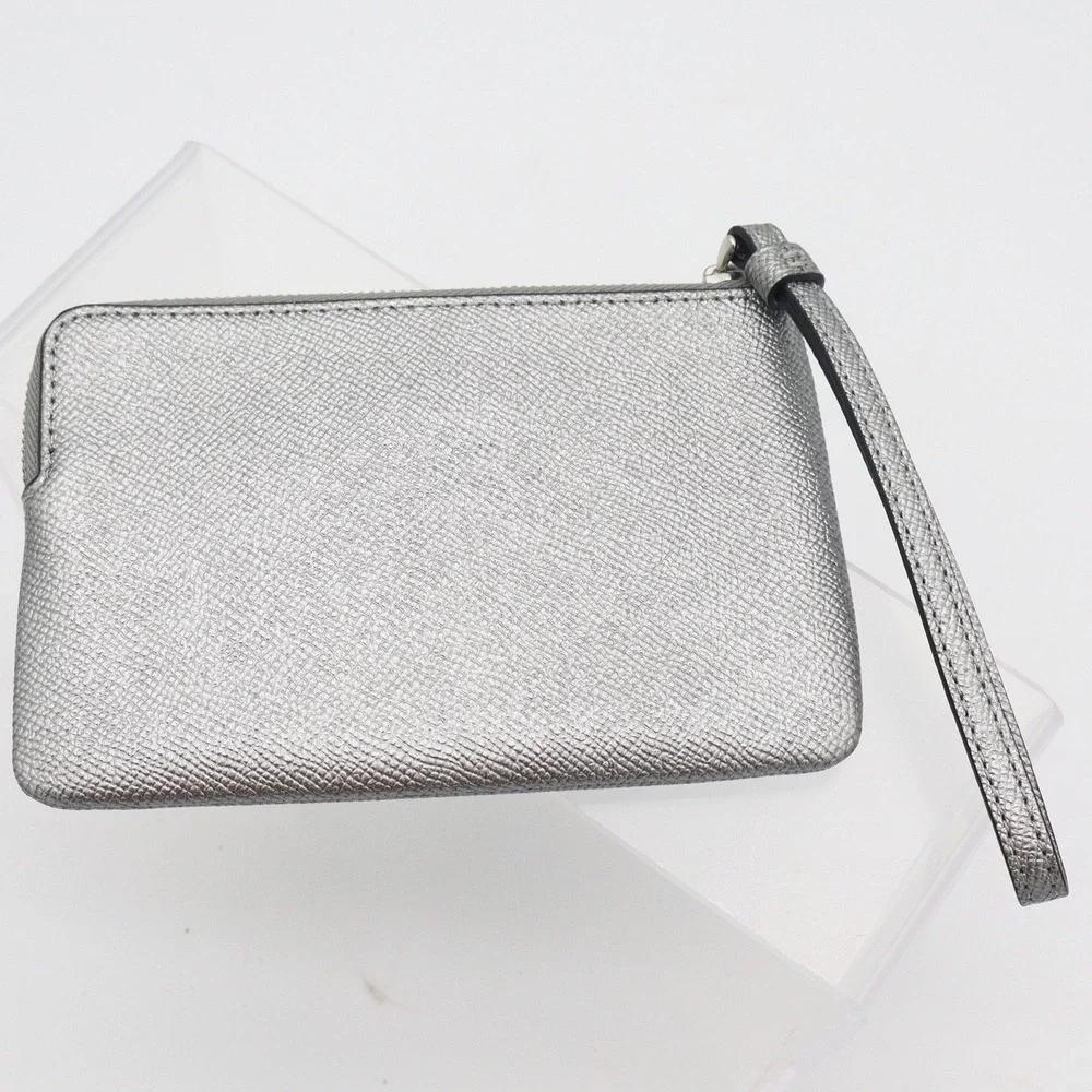 Coach Small Wristlet Metallic Silver Crossgrain Leather Zip Pouch